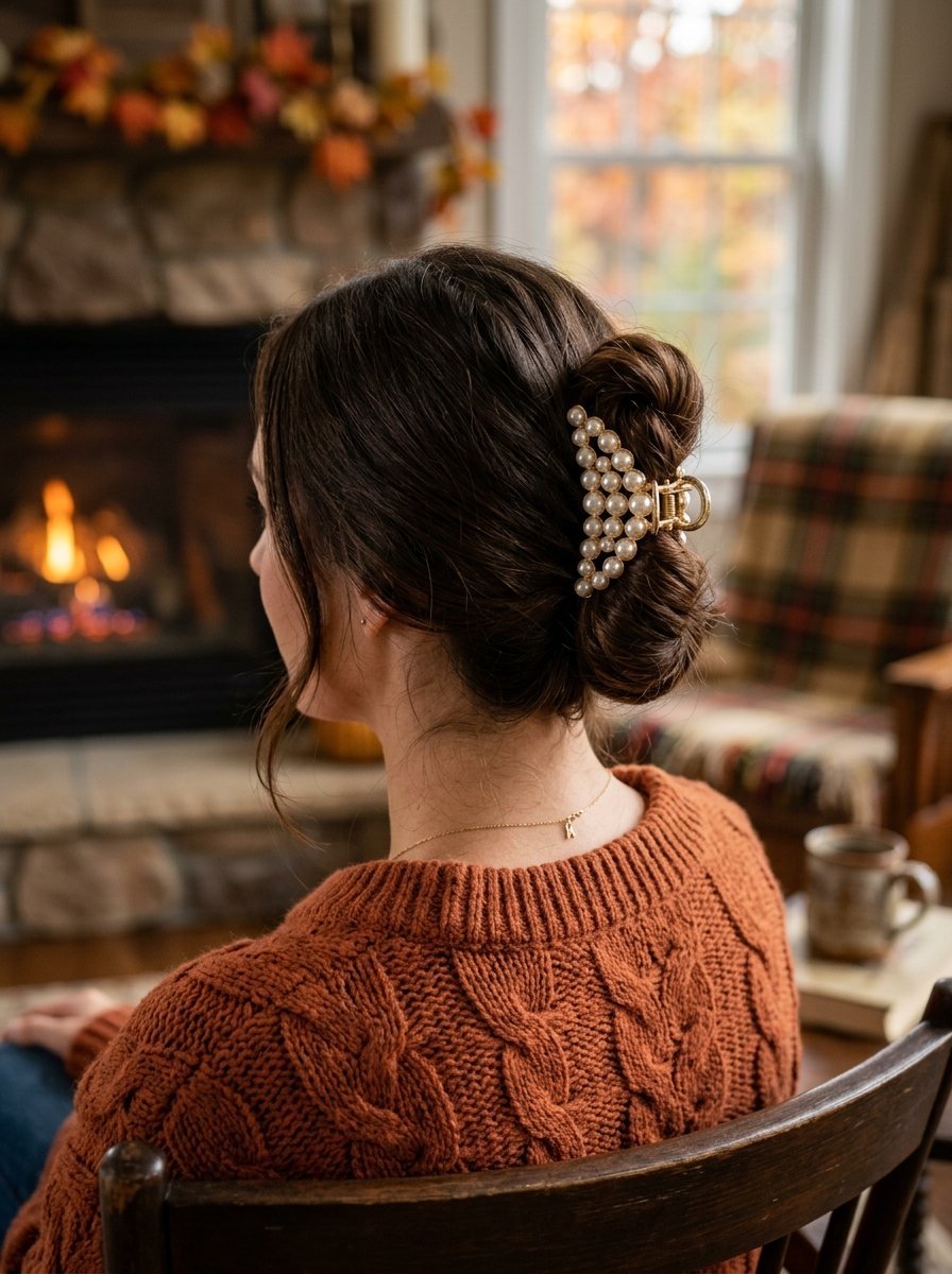 Back view of a woman with brown hair styled in a bun using a triangular gold clip adorned with white pearls.