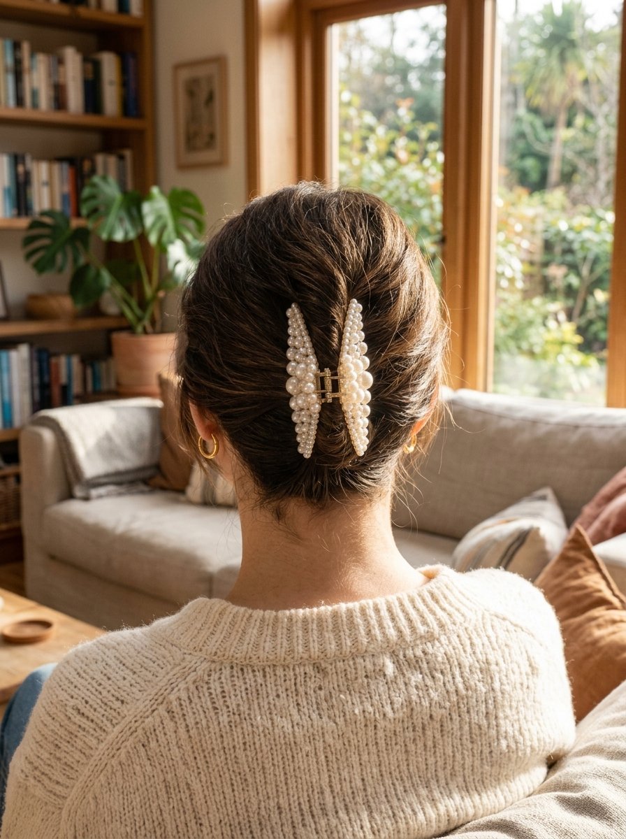 A person from behind wearing a decorative hair clip covered in small white pearls.