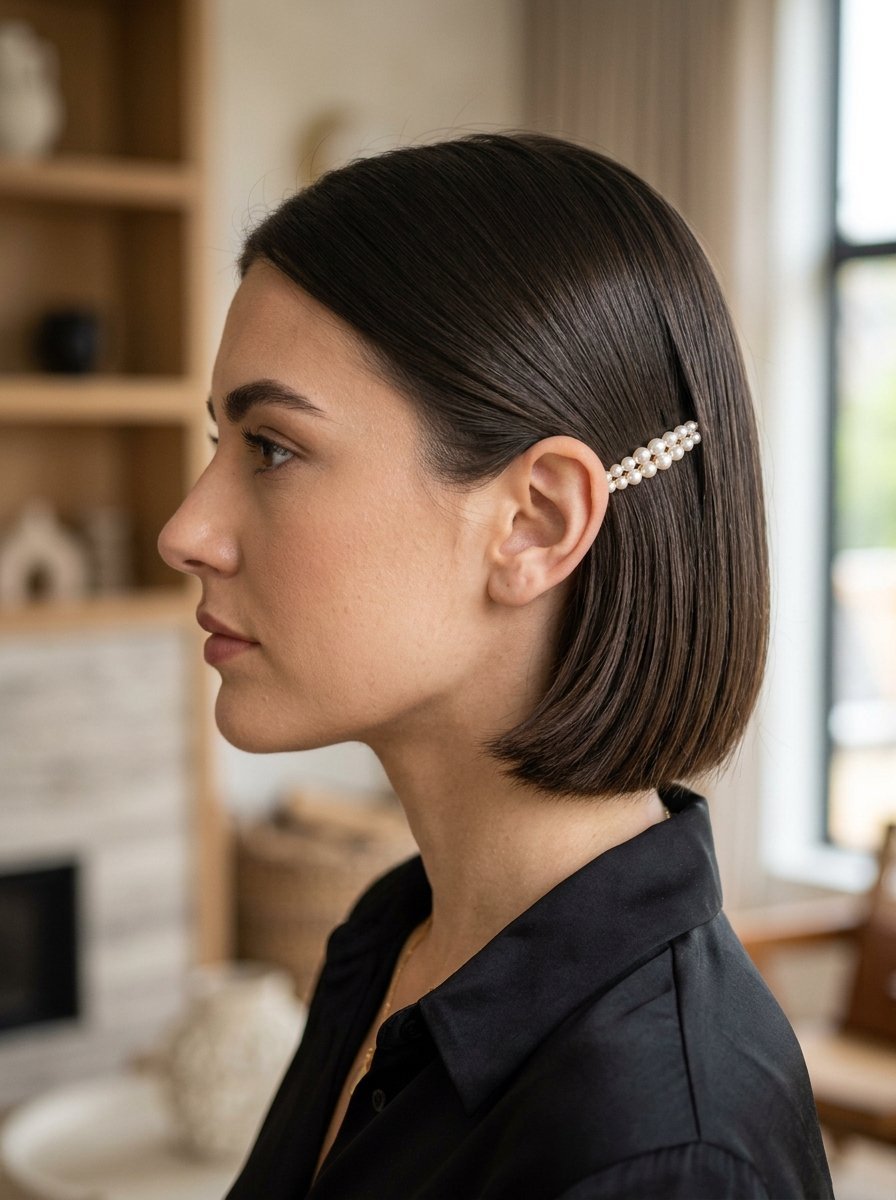 Close-up profile of a brunette with a bob haircut styled using a decorative double row pearl hair barrette.