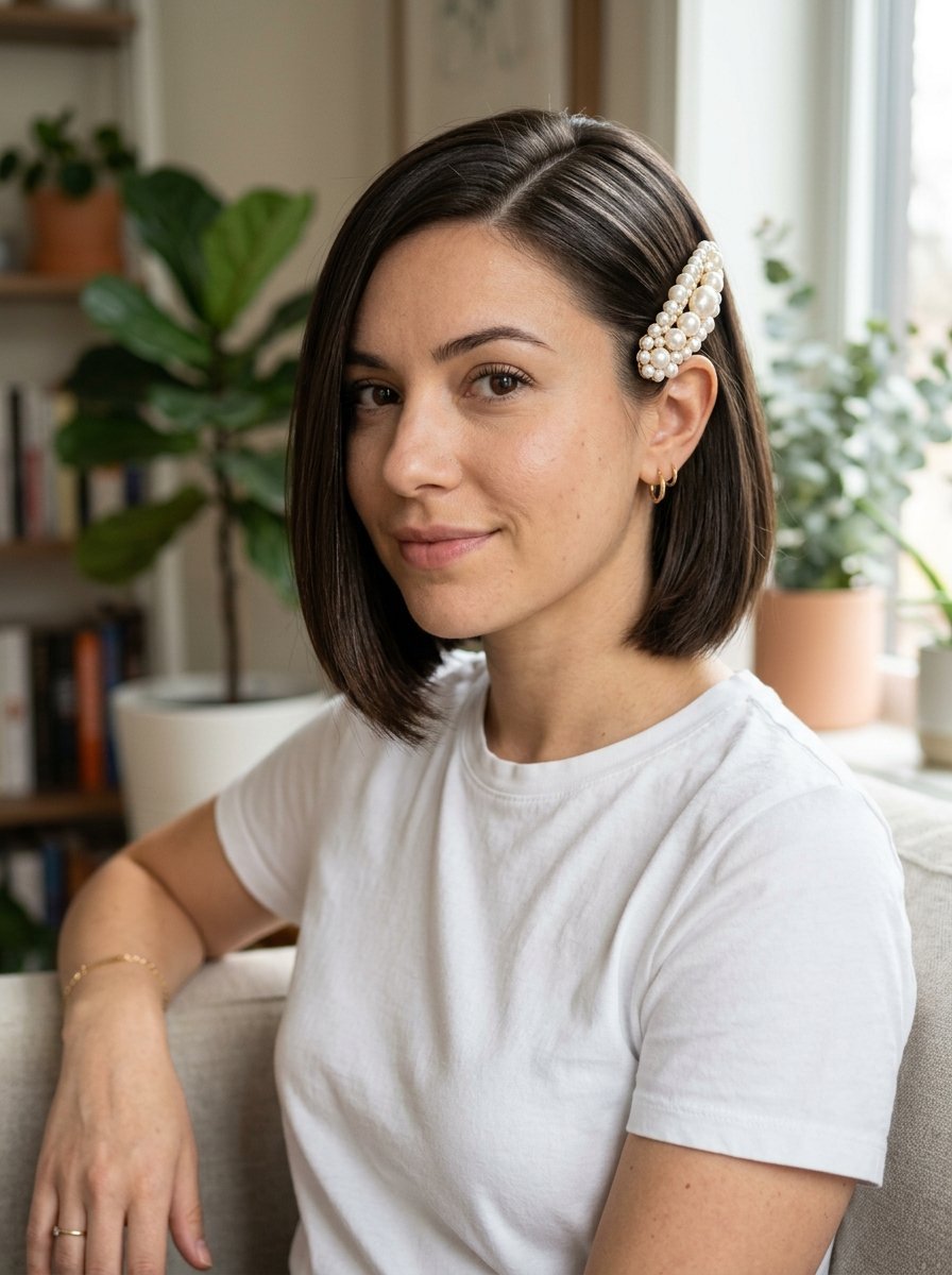 Close up of a woman with a sleek brown bob and a decorative pearl hair accessory sitting on a sofa.
