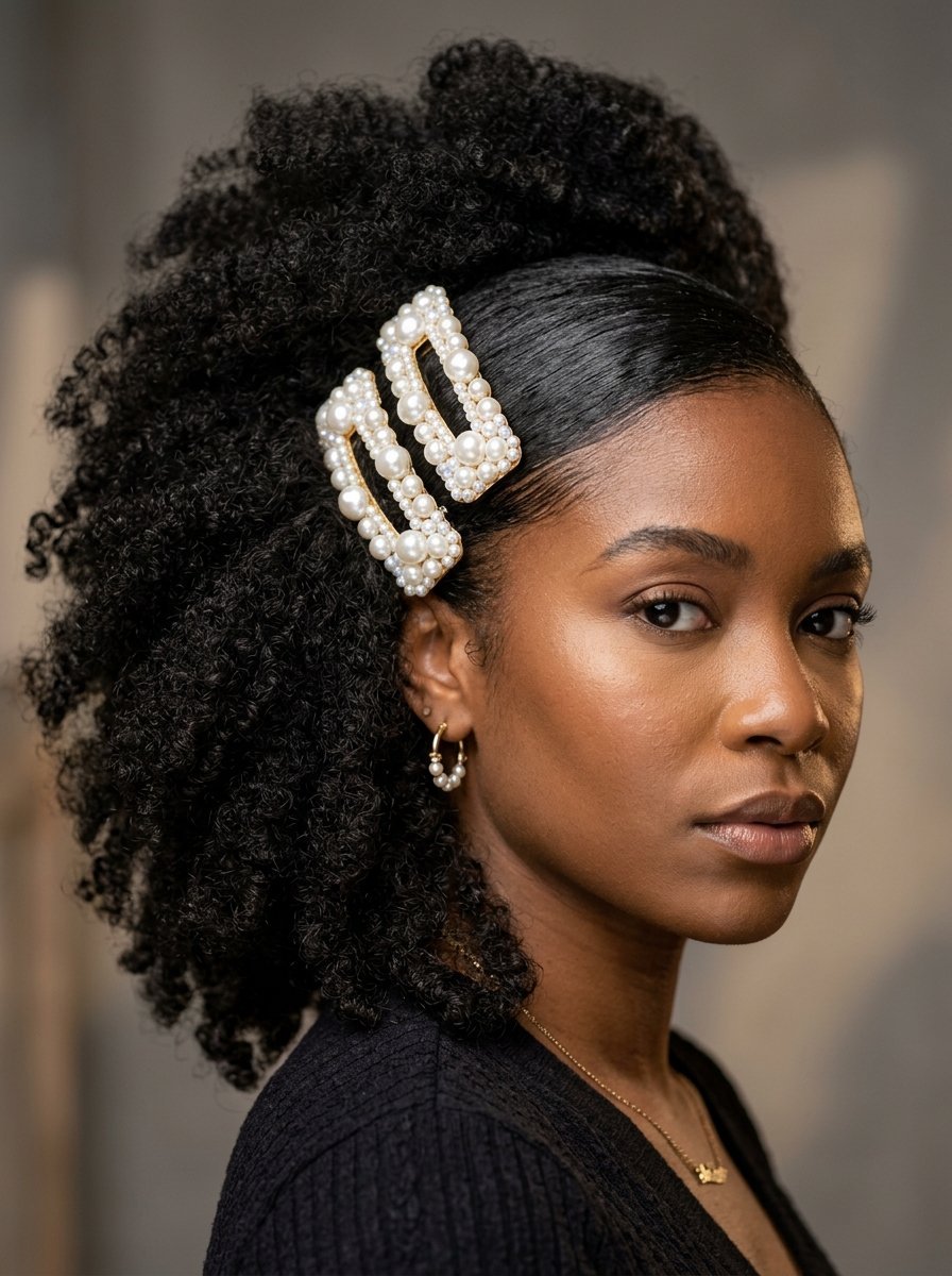 Side profile of a Black woman with curly hair styled with two decorative pearl barrettes and matching small hoop earrings.