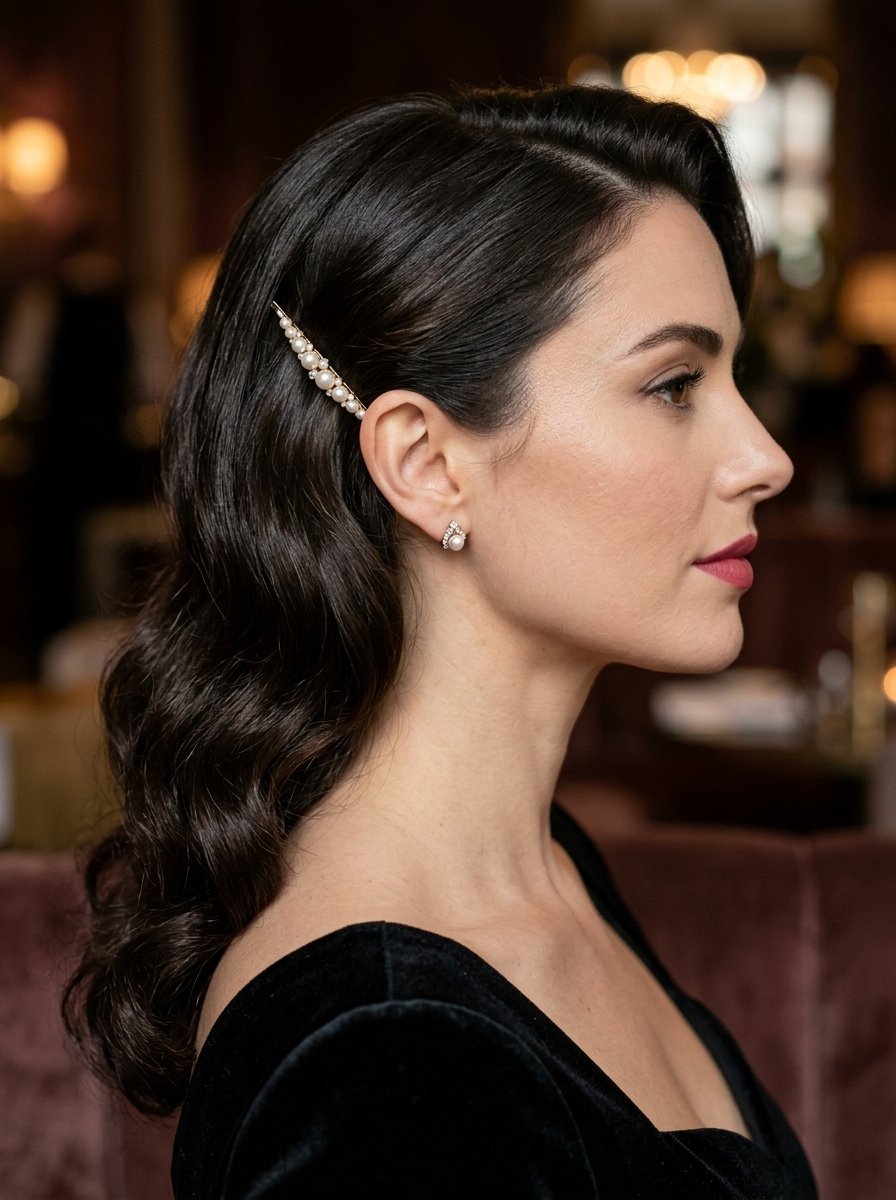 Close-up profile of a woman with dark wavy hair styled with a decorative pearl and crystal barrette.