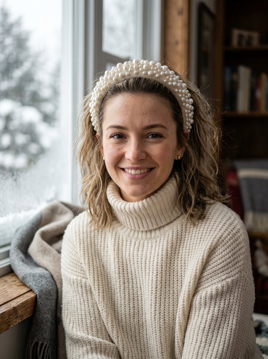 Portrait of a blonde woman wearing a thick cream turtleneck and a pearl-embellished headband by a snowy window.