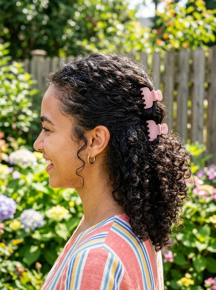 Side profile of a smiling woman with dark curly hair styled half-up using two small pink matte hair claws.