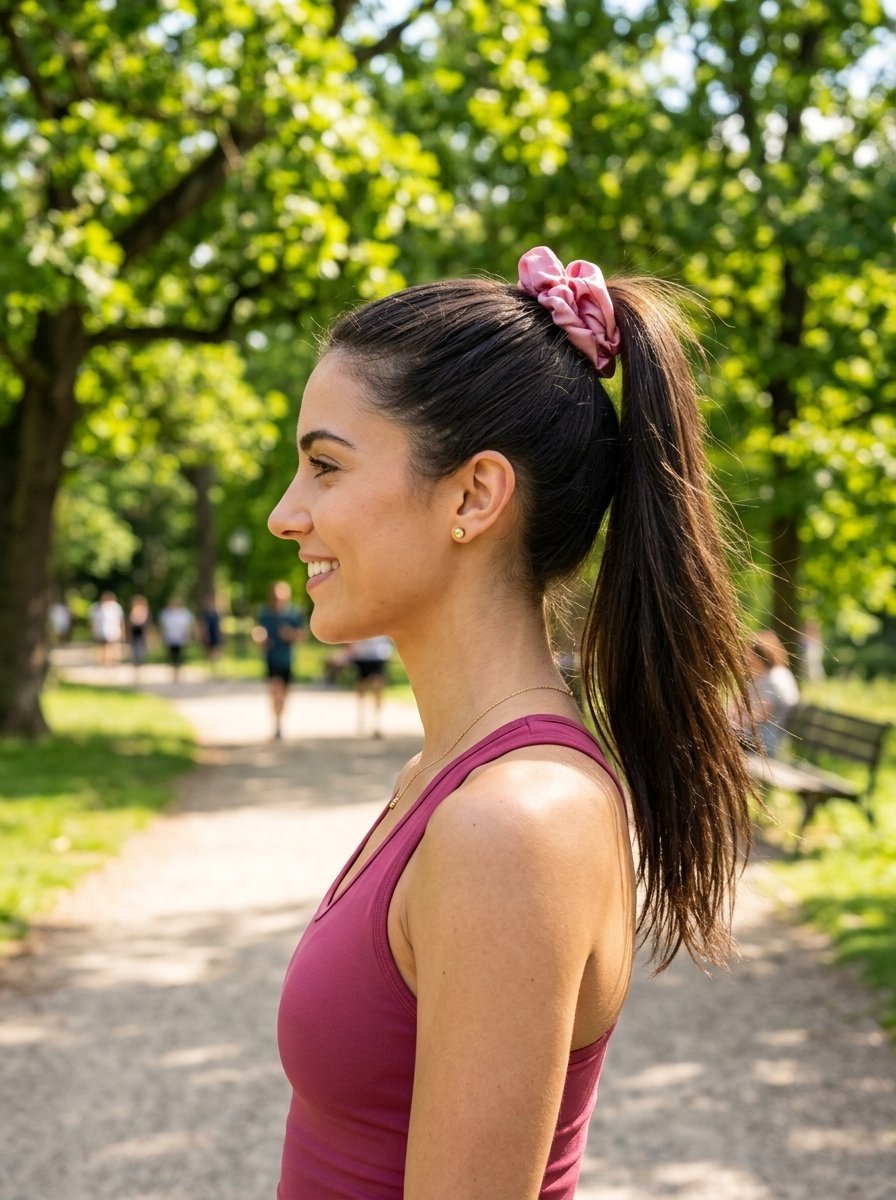 Side profile of a woman with dark hair in a high ponytail wearing a dusty rose fabric scrunchie in a park.
