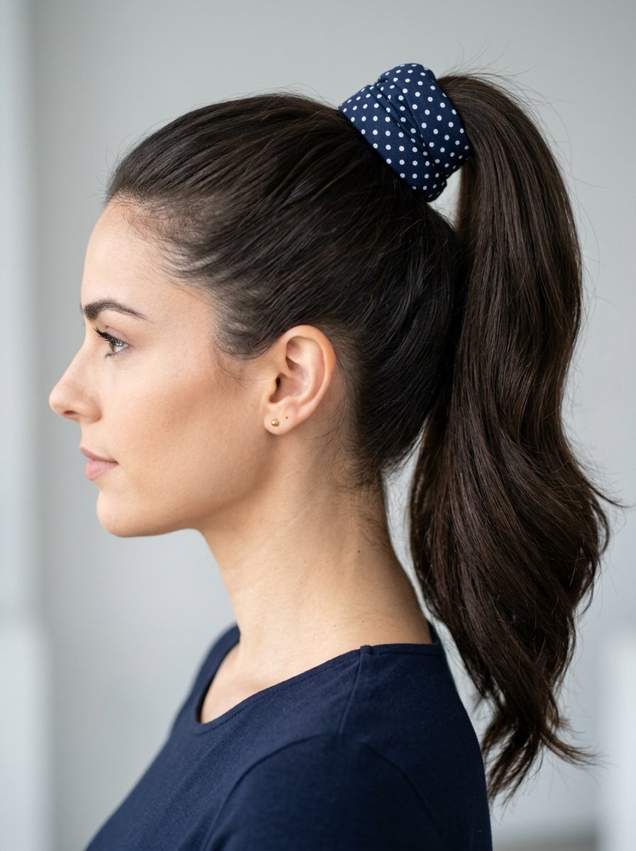 Profile view of a woman with long dark hair tied up in a high ponytail using a spotted fabric hair accessory.