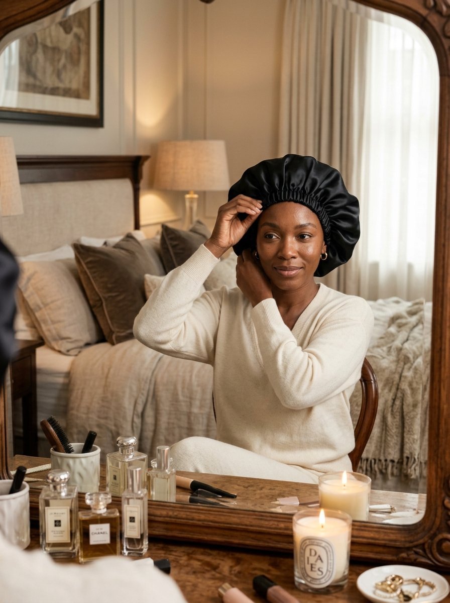 Smiling woman in a beige sweater fixing her black silk sleep bonnet while sitting at a wooden vanity with perfume.