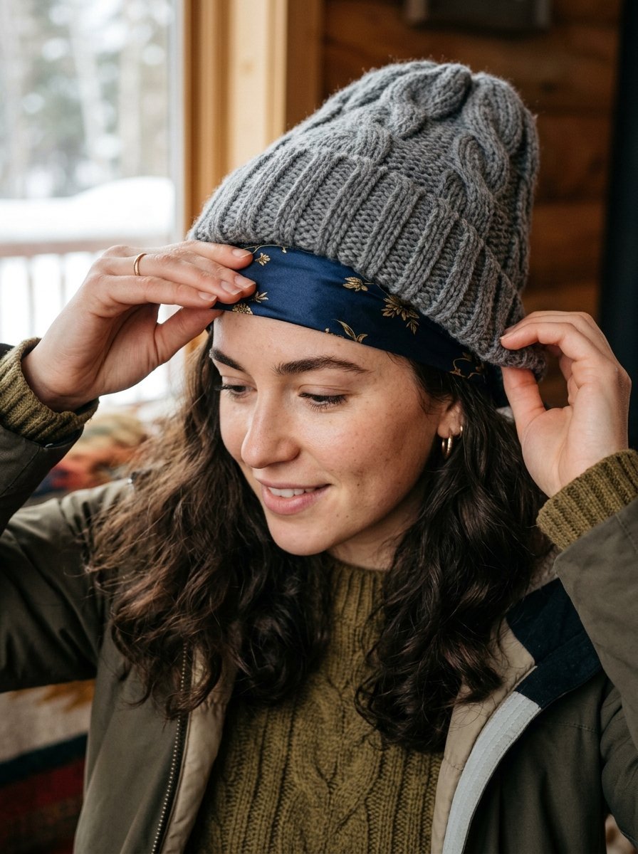 Close up of a woman wearing a grey knit beanie over a navy floral satin hair wrap while indoors.