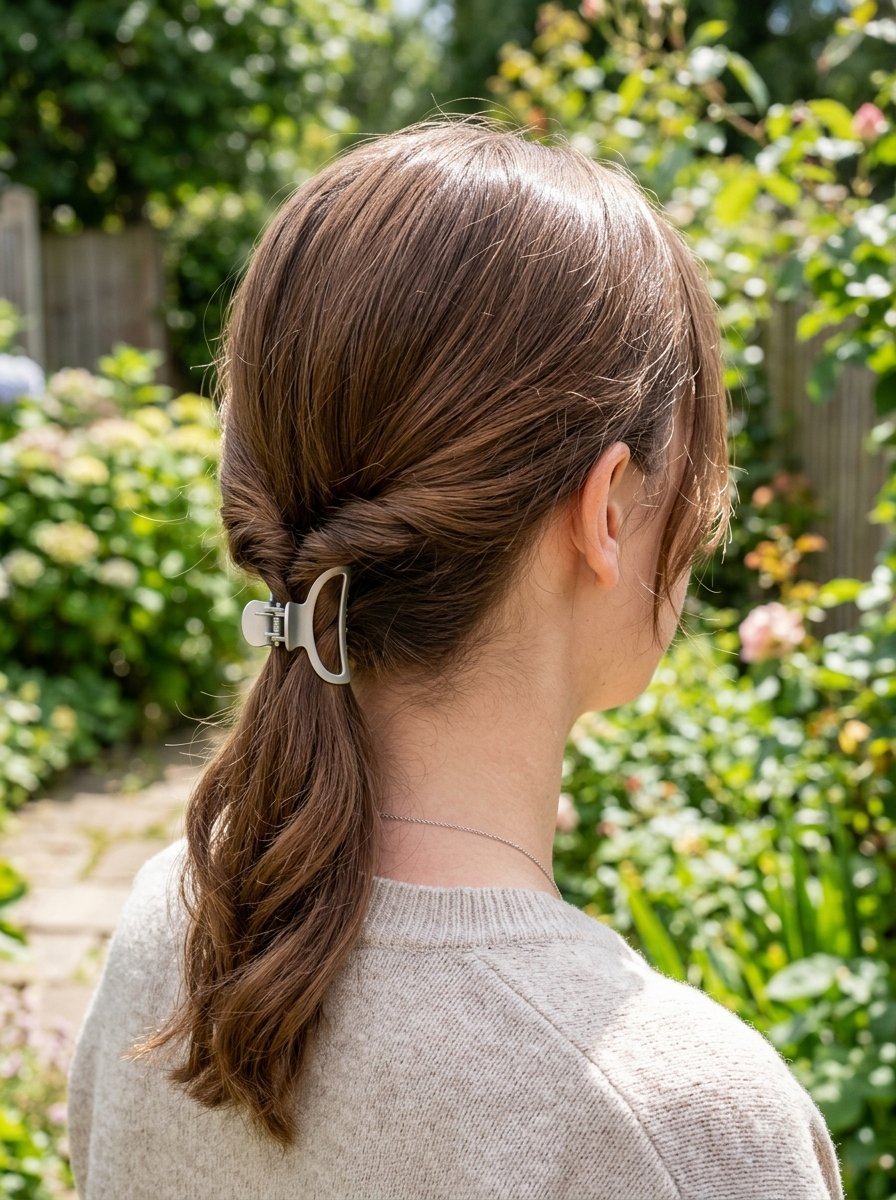 Back view of a woman with brown hair pulled back with a metallic U-shaped claw clip in a garden setting.