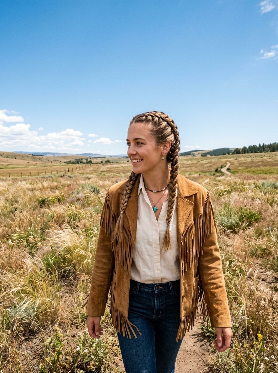 Blonde woman with braided hair wearing a tan fringe jacket and blue jeans in a sunny meadow.