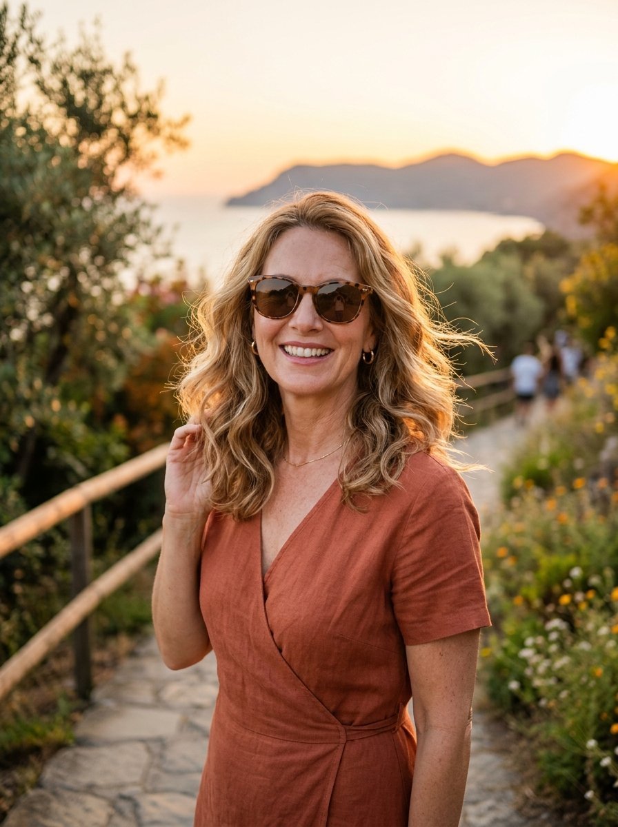 A middle-aged woman with wavy blonde hair wearing tortoiseshell sunglasses and a linen wrap dress on a coastal path.
