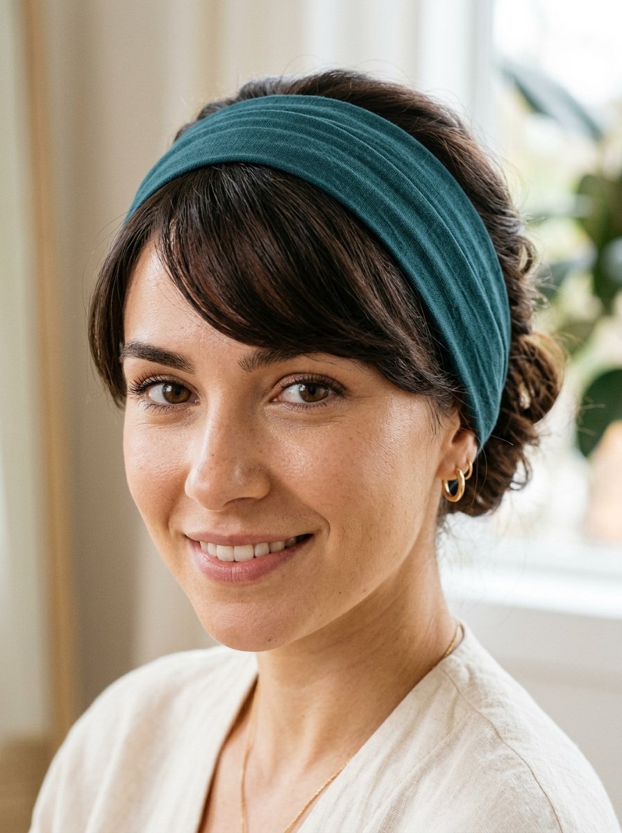 Portrait of a woman with bangs wearing a soft, forest green jersey headband and gold hoop earrings.