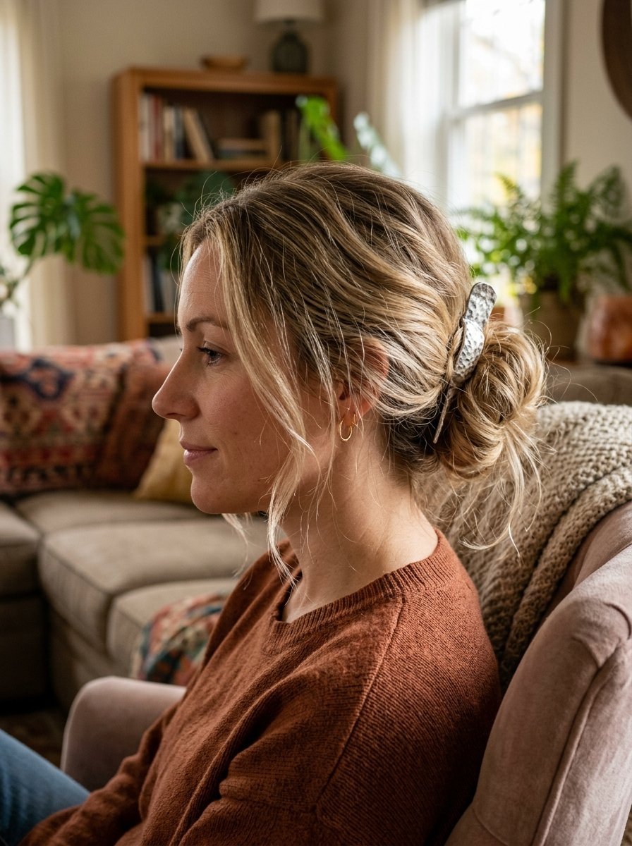 A blonde woman in a rust-colored sweater sitting in a chair with her hair styled in a bun using a silver clip.