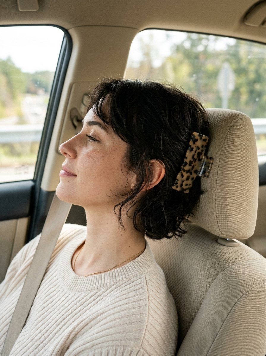 Side profile of a woman with dark wavy hair pulled back by a leopard print claw clip while sitting in a car.