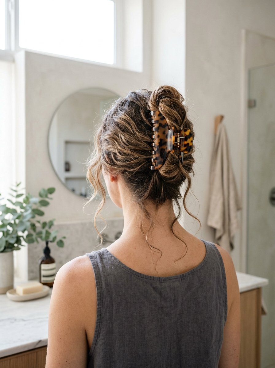 Back view of a woman with curly hair pulled up in a claw clip style in a bathroom.