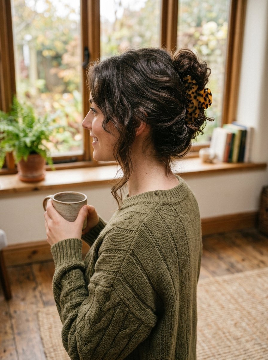 Profile view of a woman with messy brown hair secured by a leopard print hair claw, holding a ceramic mug by a window.