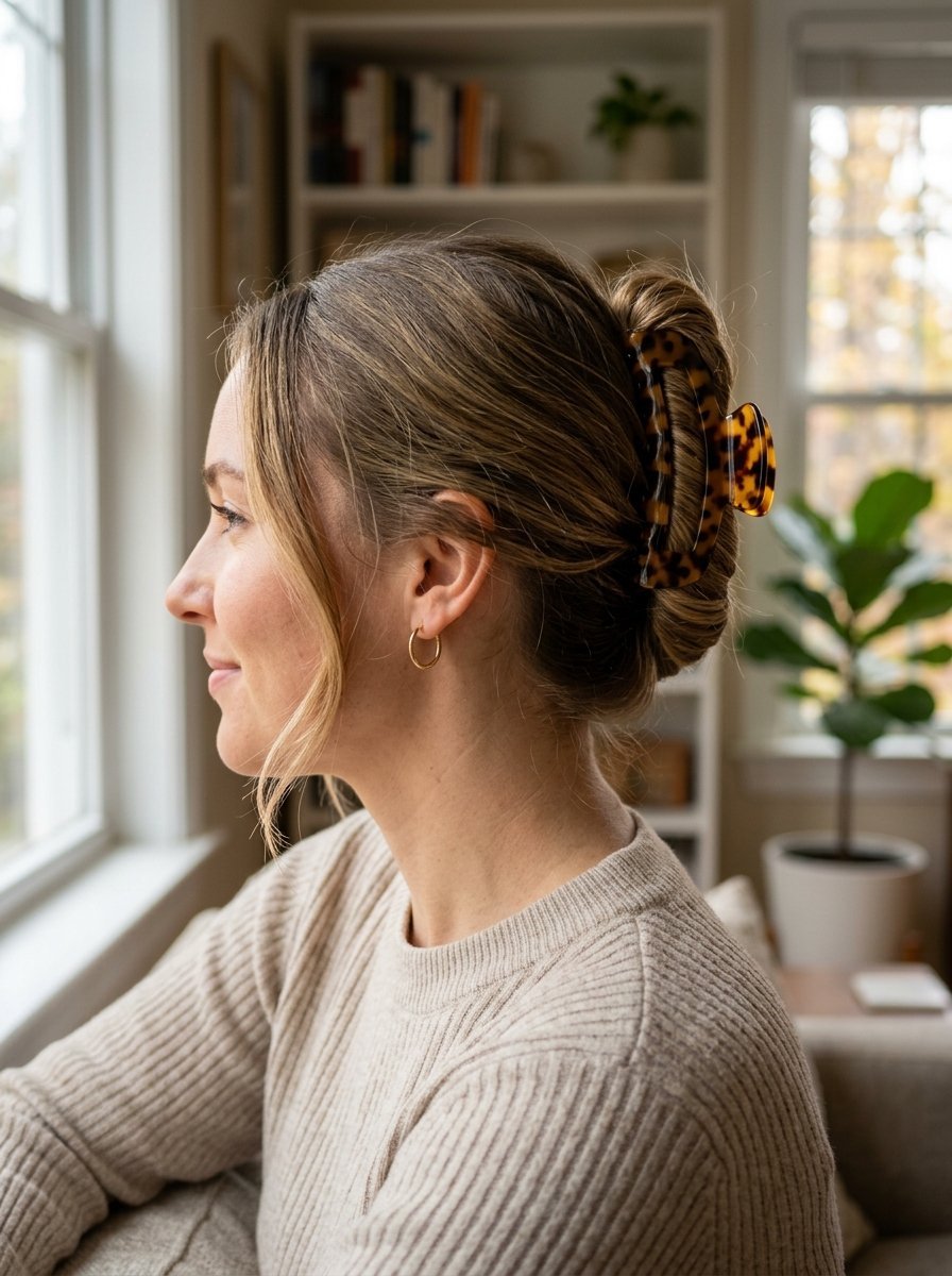 A woman looks out a window with her hair styled in an updo secured by a large tortoiseshell patterned claw clip.