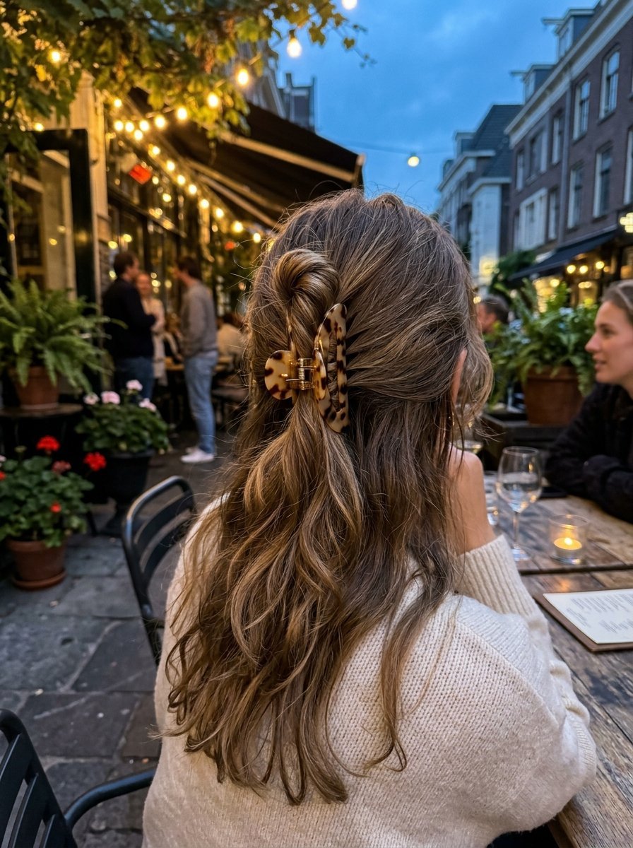 A woman with wavy brown hair styled in a half-updo with a spotted hair clip at an outdoor cafe at twilight.