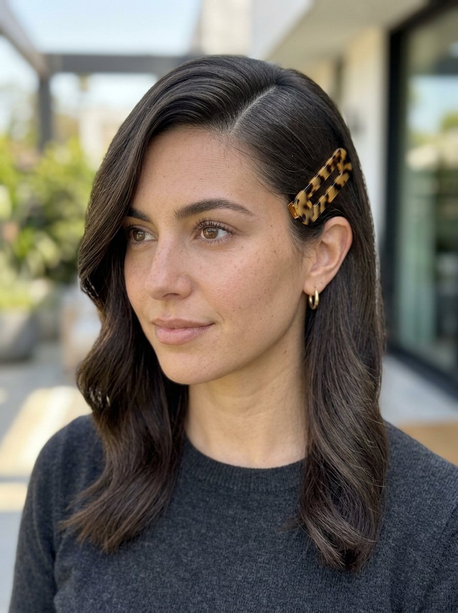 Portrait of a woman with dark wavy hair pinned back using a rectangular spotted resin accessory.