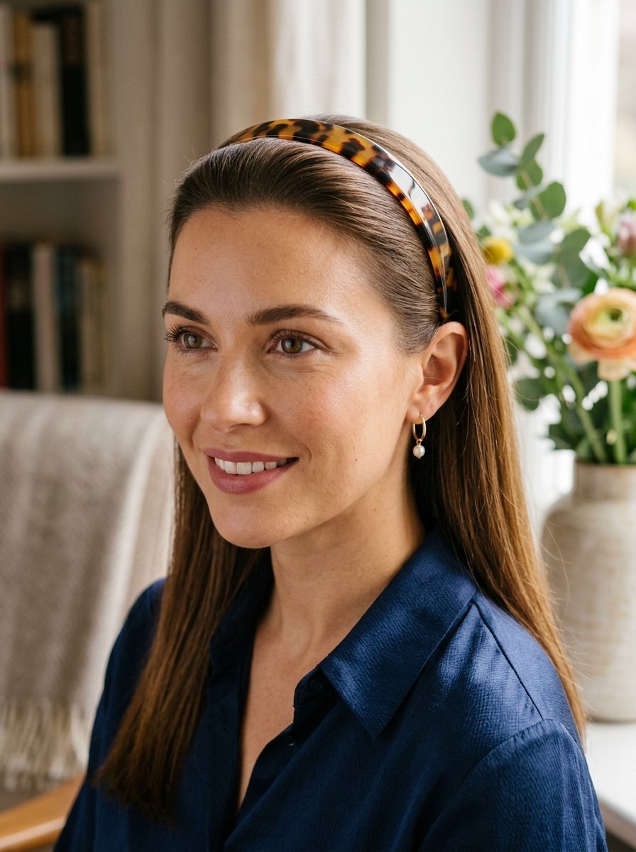 Close up of a woman with long brown hair wearing a glossy brown and black patterned headband.