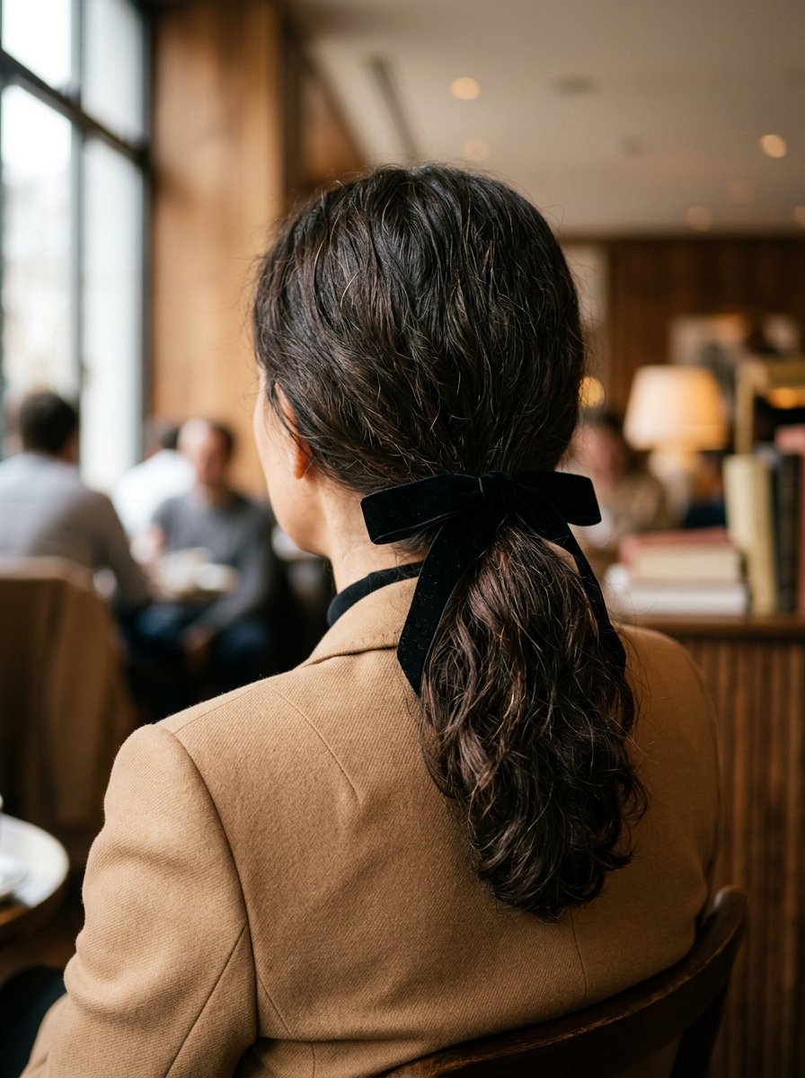 Close up rear view of a woman in a tan blazer with a black velvet bow tied around her wavy ponytail in a cafe setting.