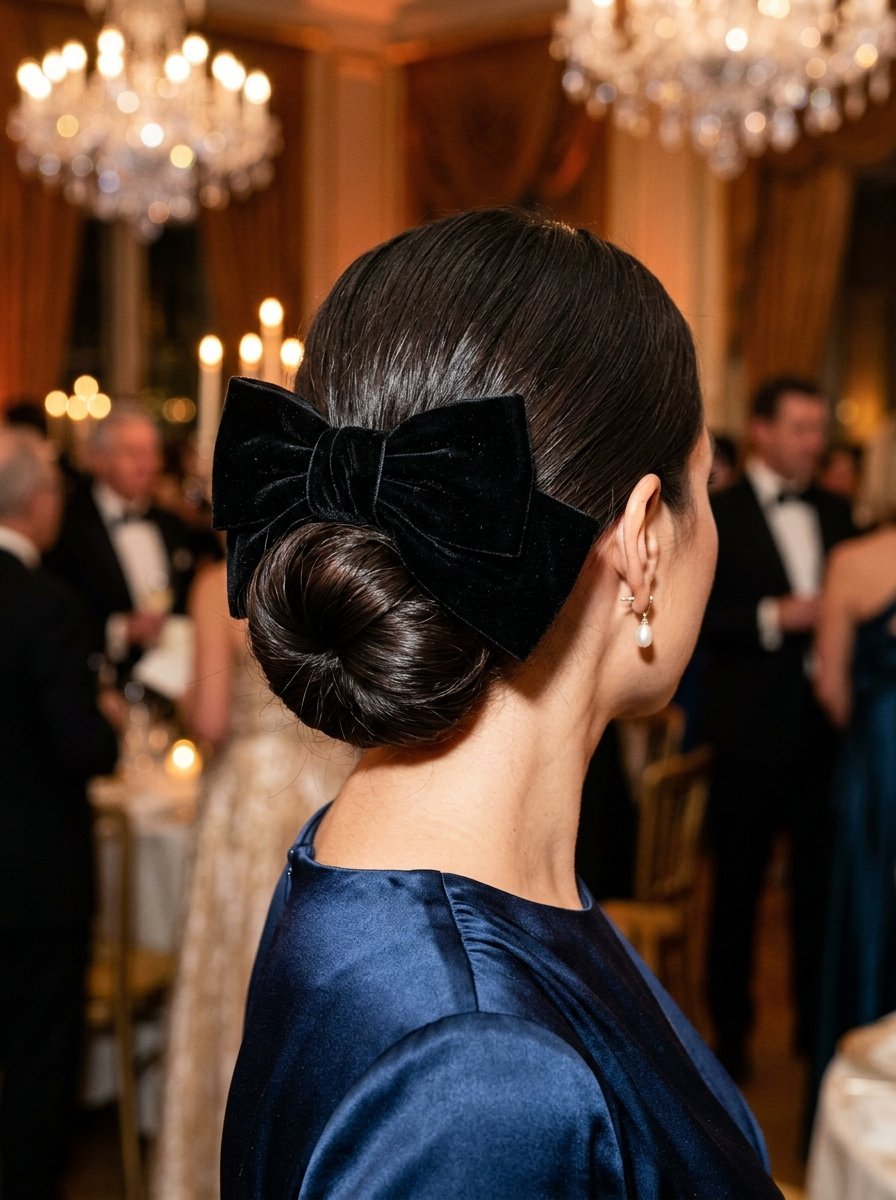 Close up of a woman with dark hair in a sleek bun accessorized with a large black velvet bow.