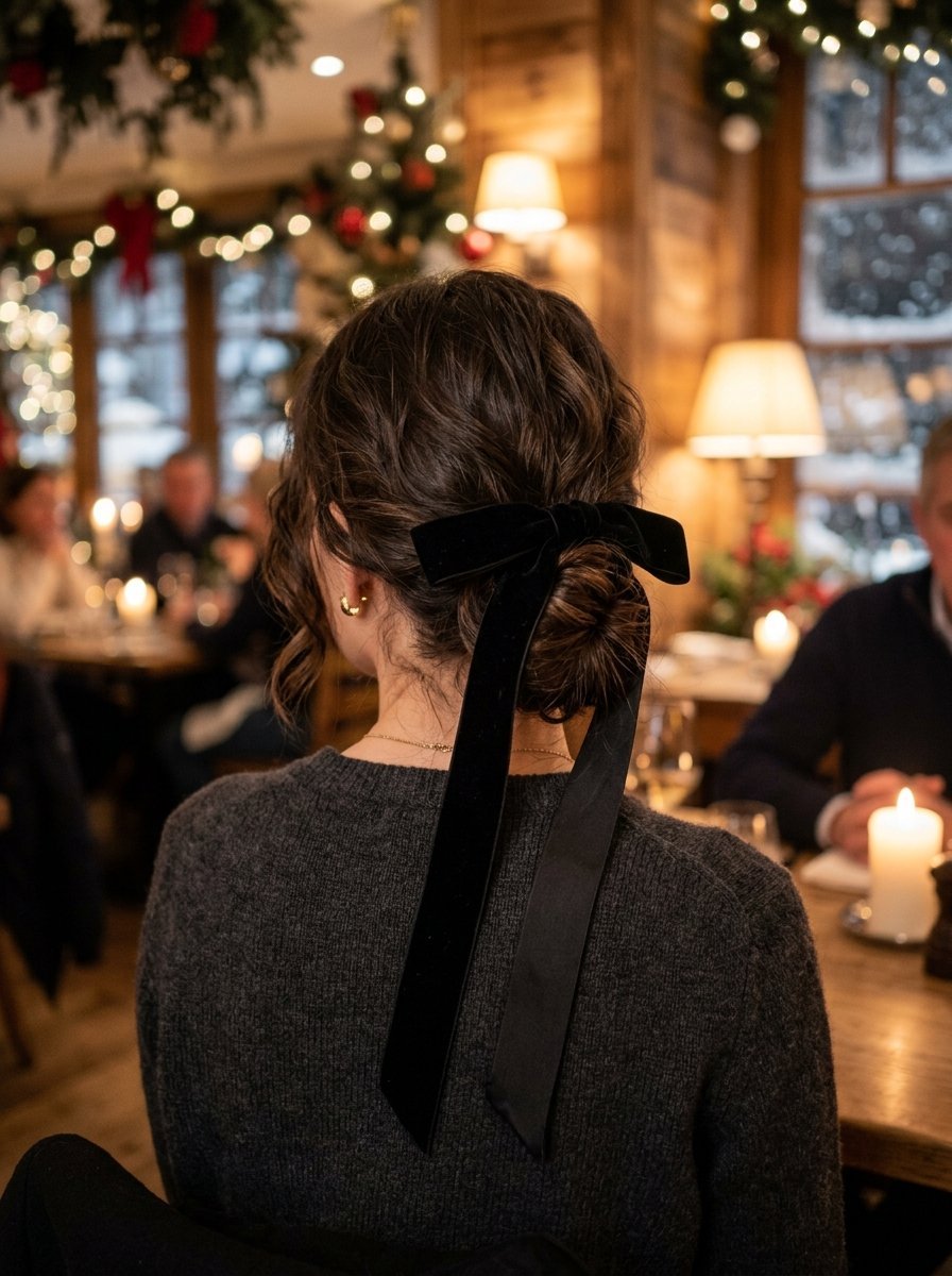 Back view of a woman with brown hair in a low bun accented by a long black velvet bow in a festive restaurant.