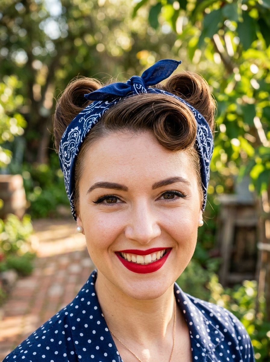 Close up portrait of a woman with red lipstick and victory rolls styled hair wearing a blue polka dot bandana.