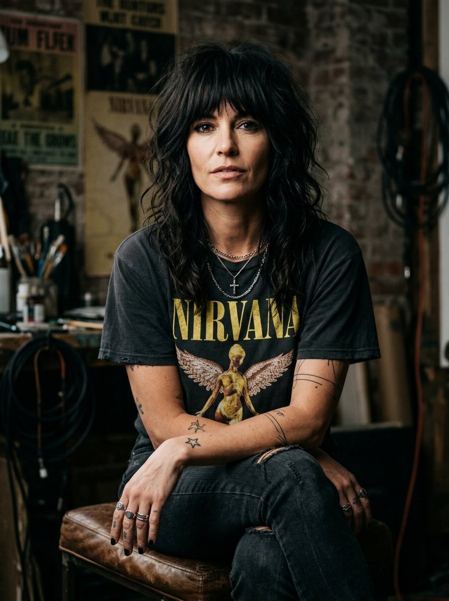 Portrait of a woman with dark wavy hair and arm tattoos sitting on a stool in a studio wearing a band t-shirt.