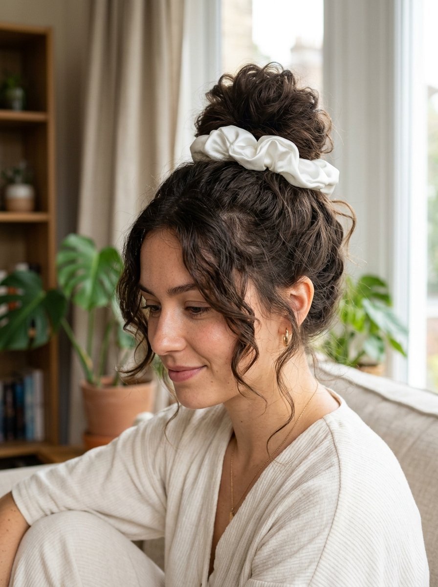 Portrait of a woman wearing a white silk hair tie in her messy high bun hairstyle indoors.