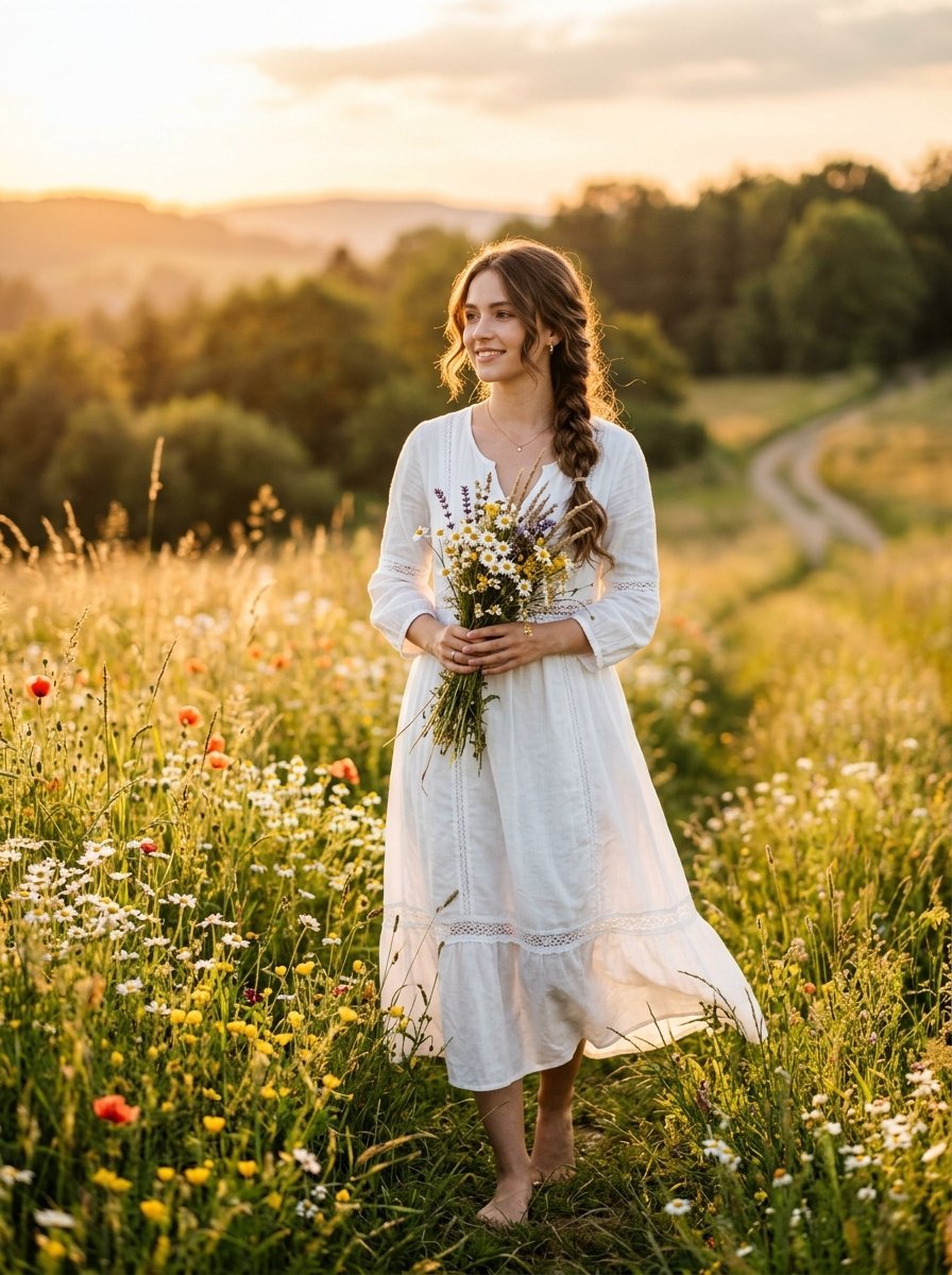 A woman in a white dress with a braided hairstyle stands barefoot in a field of daisies at sunset.