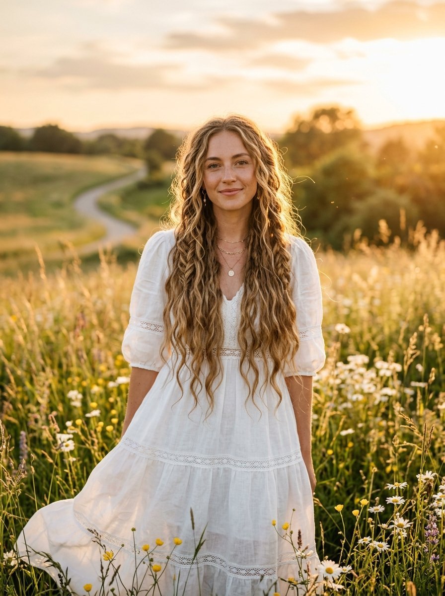 Portrait of a blonde woman wearing a white linen dress standing in a sunset-lit field of daisies and wildflowers.