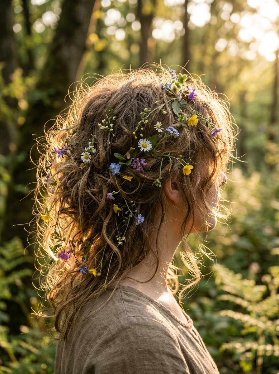 Profile view of a woman in a forest wearing small colorful flowers tucked into her wavy hair.