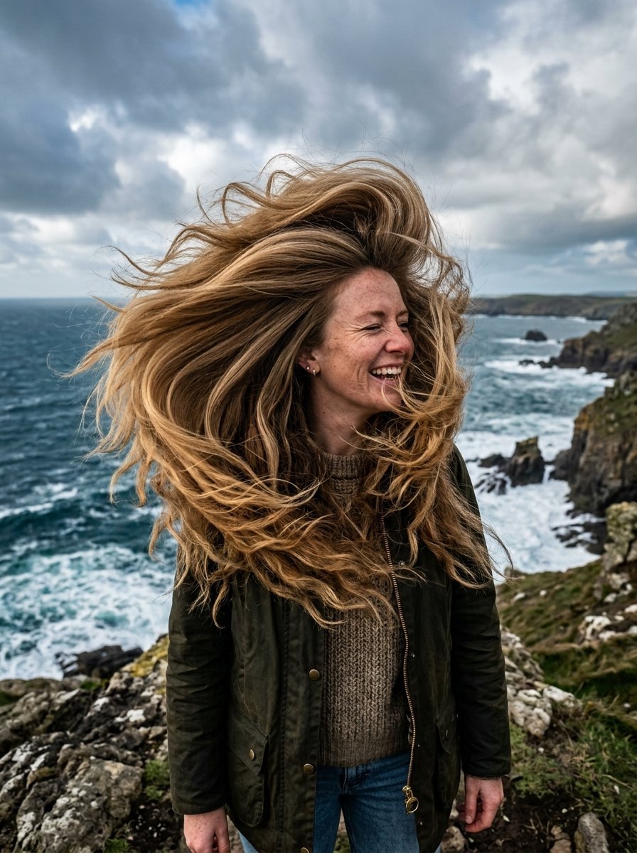 A smiling woman in a green jacket stands on a rocky cliff as strong wind lifts her long hair into the air.