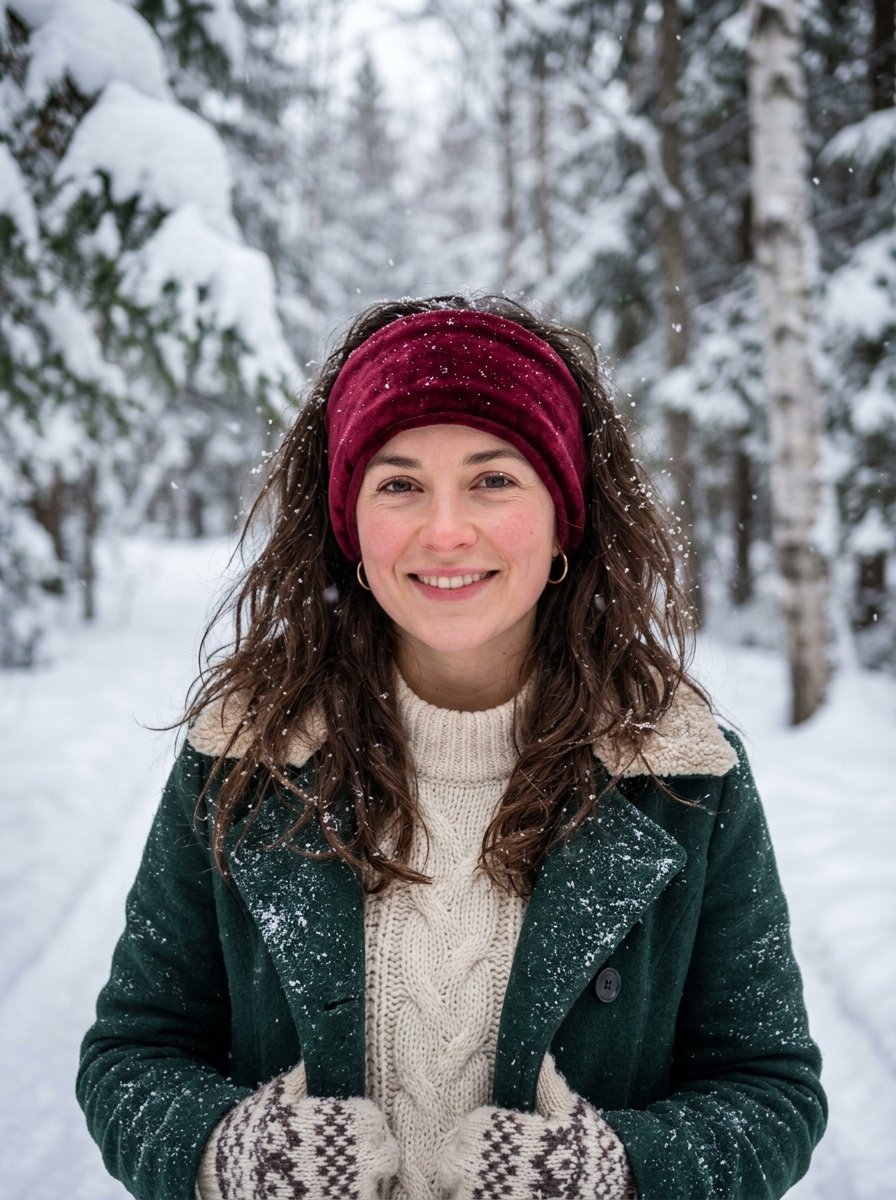 Portrait of a woman with curly hair wearing a maroon headband and green winter coat in a snowy forest.