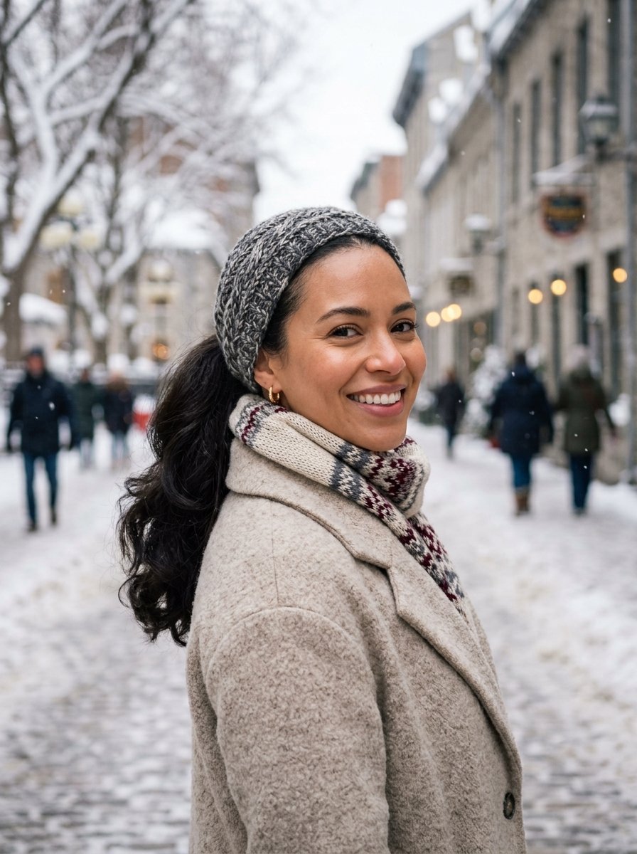 Close-up of a smiling woman in a textured coat and headband standing on a snowy European-style street.