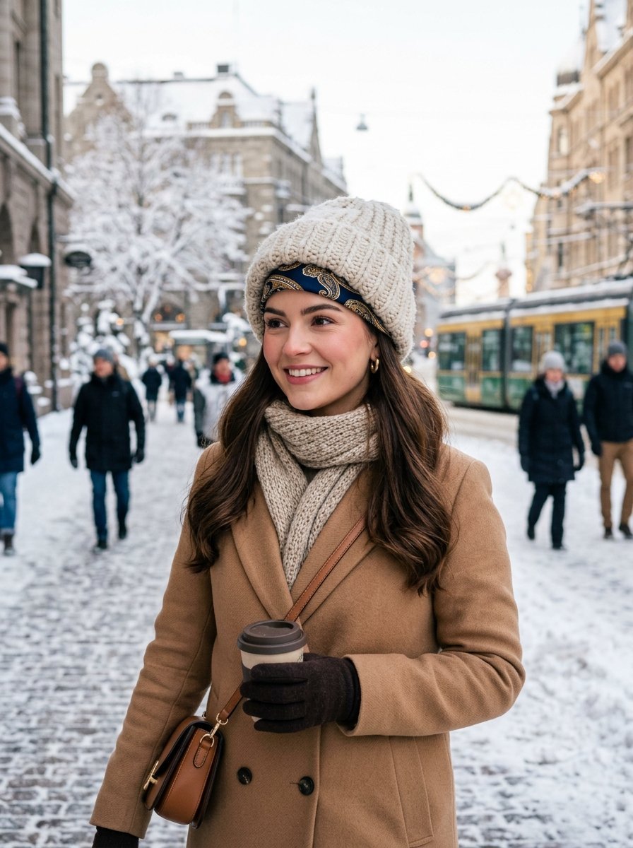 Young woman in a beige coat and knit hat with a scarf walking through a snowy city with people in the background.