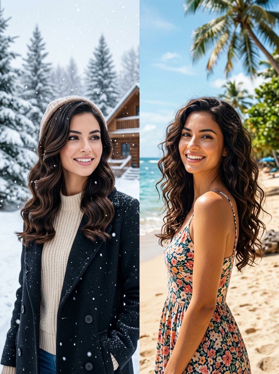 A split screen showing a woman in a winter coat during a snowfall and the same woman in a floral dress on a beach.