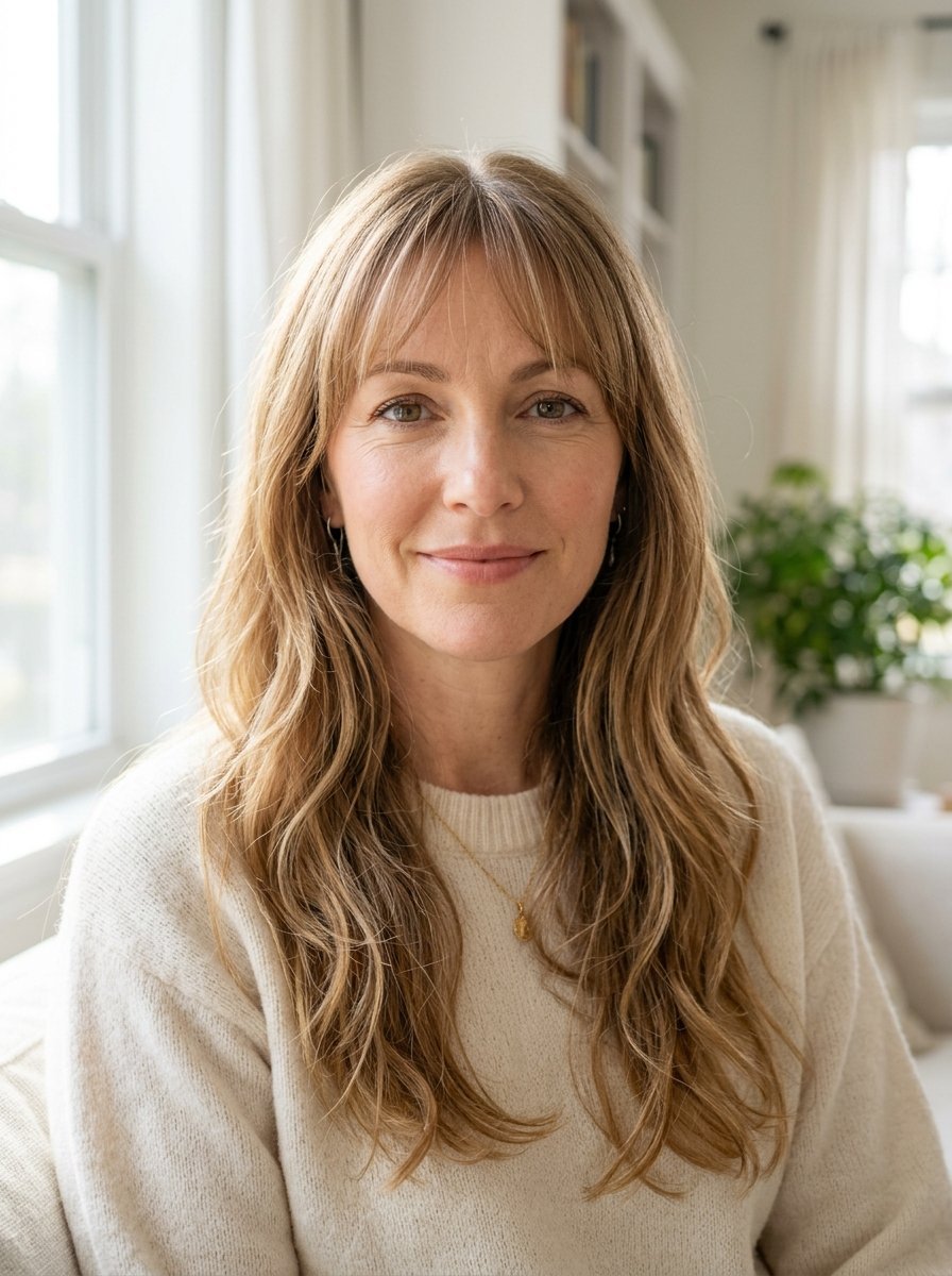 Close-up portrait of a woman with long wavy hair and bangs wearing a cream knit sweater in a sunlit room.