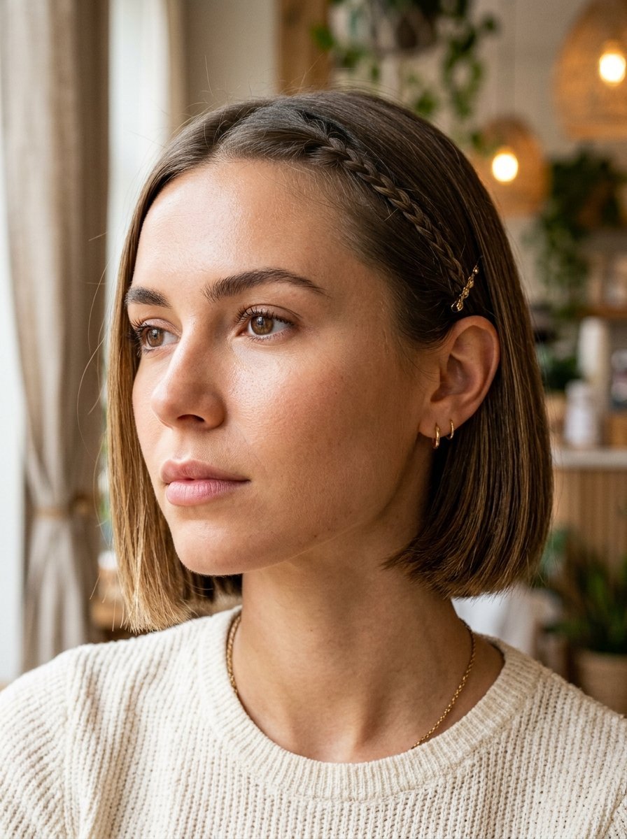 Portrait of a woman with a chin-length brown bob hairstyle featuring a small braid pinned to the side.