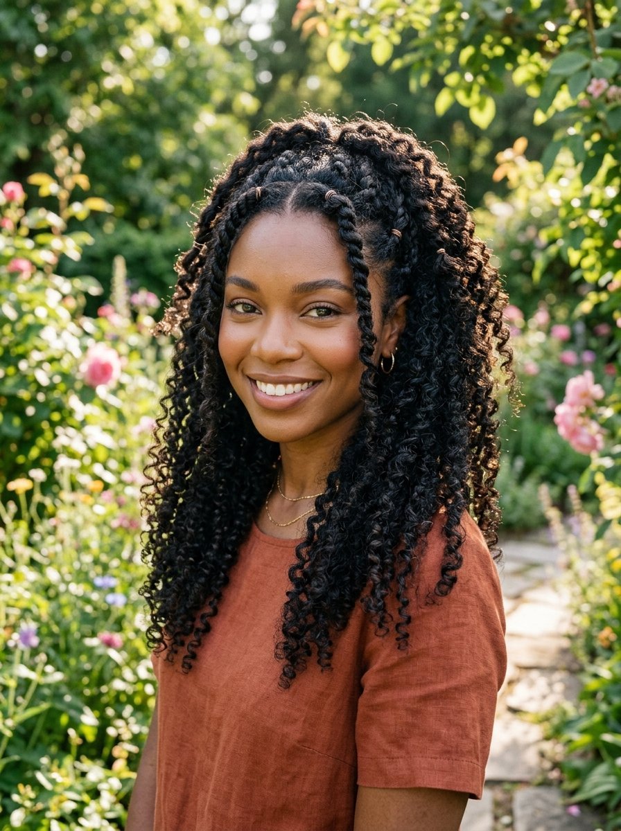 Portrait of a Black woman with long, dark, curly hair featuring intricate twists and braids in a lush garden.