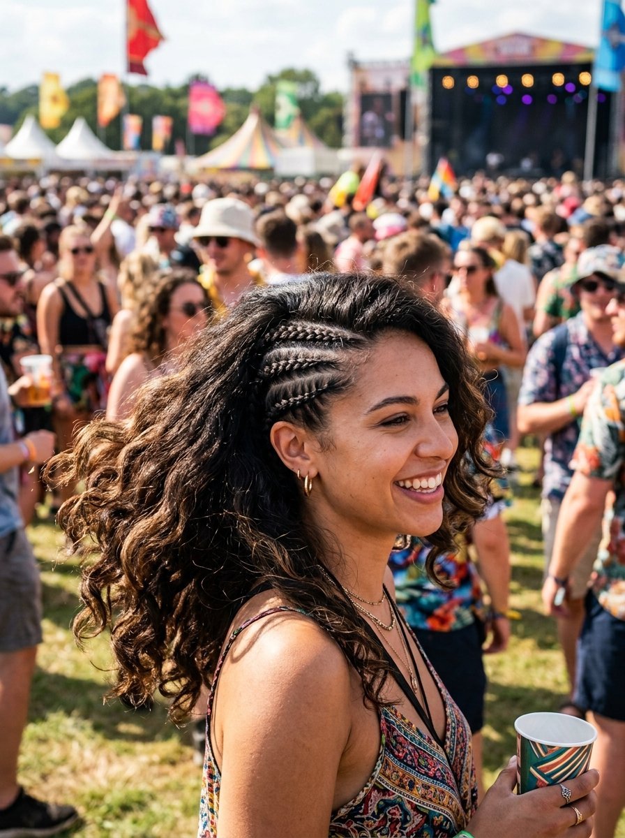 Close-up of a happy woman with side-braided hair holding a drink at a sunny festival event.