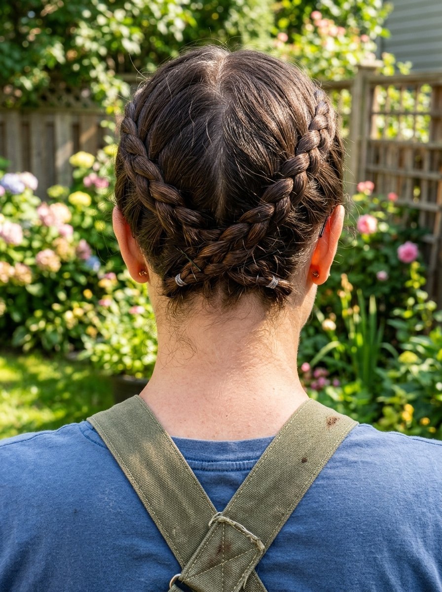 A woman seen from behind with two French braids styled into a cross pattern on her head in a sunny garden.