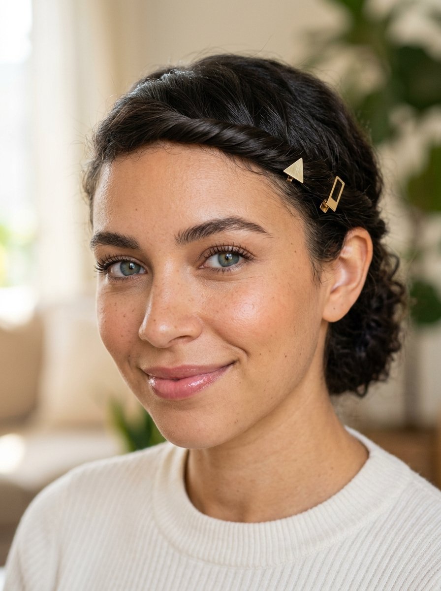 Close up of a smiling woman wearing a twisted hair braid accented with a gold triangle and rectangular hair pin.