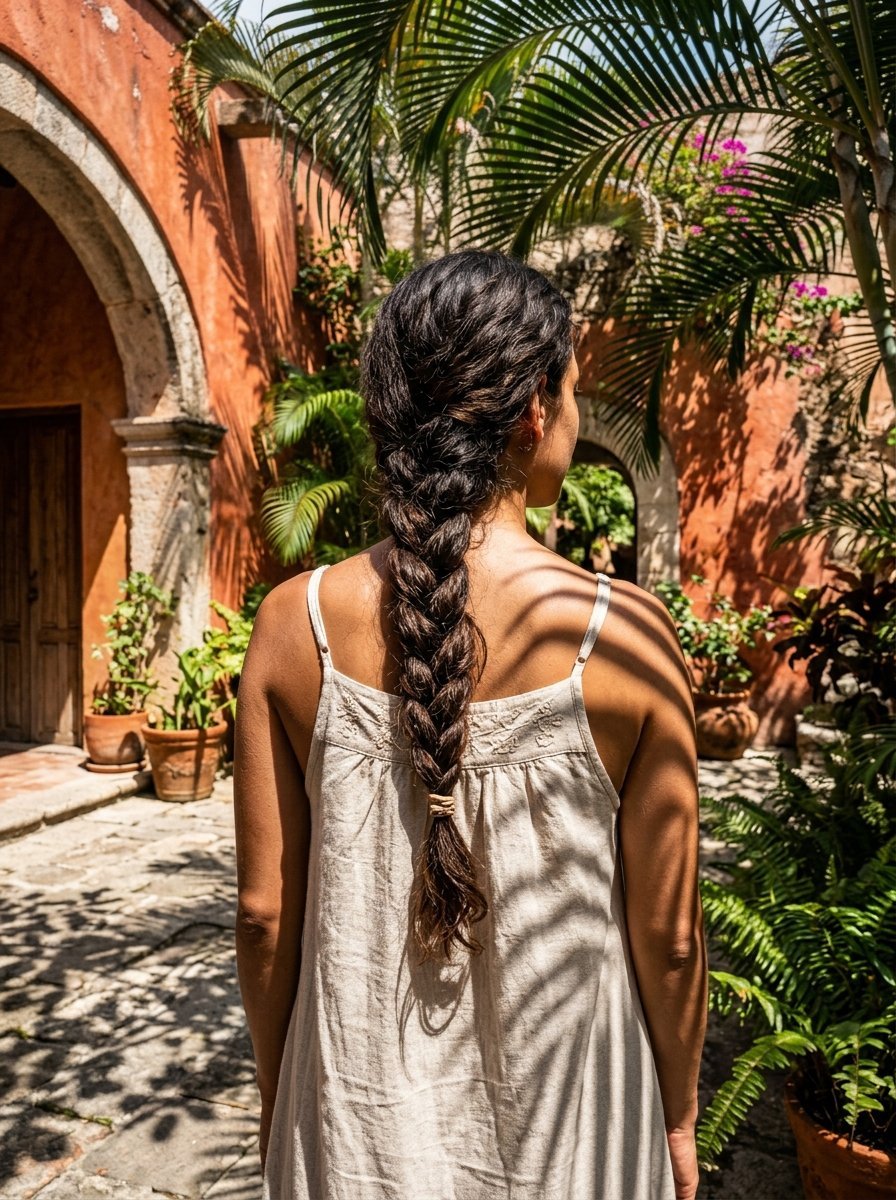 Back view of a woman wearing a cream linen dress and a thick braid standing in a terracotta-walled courtyard.