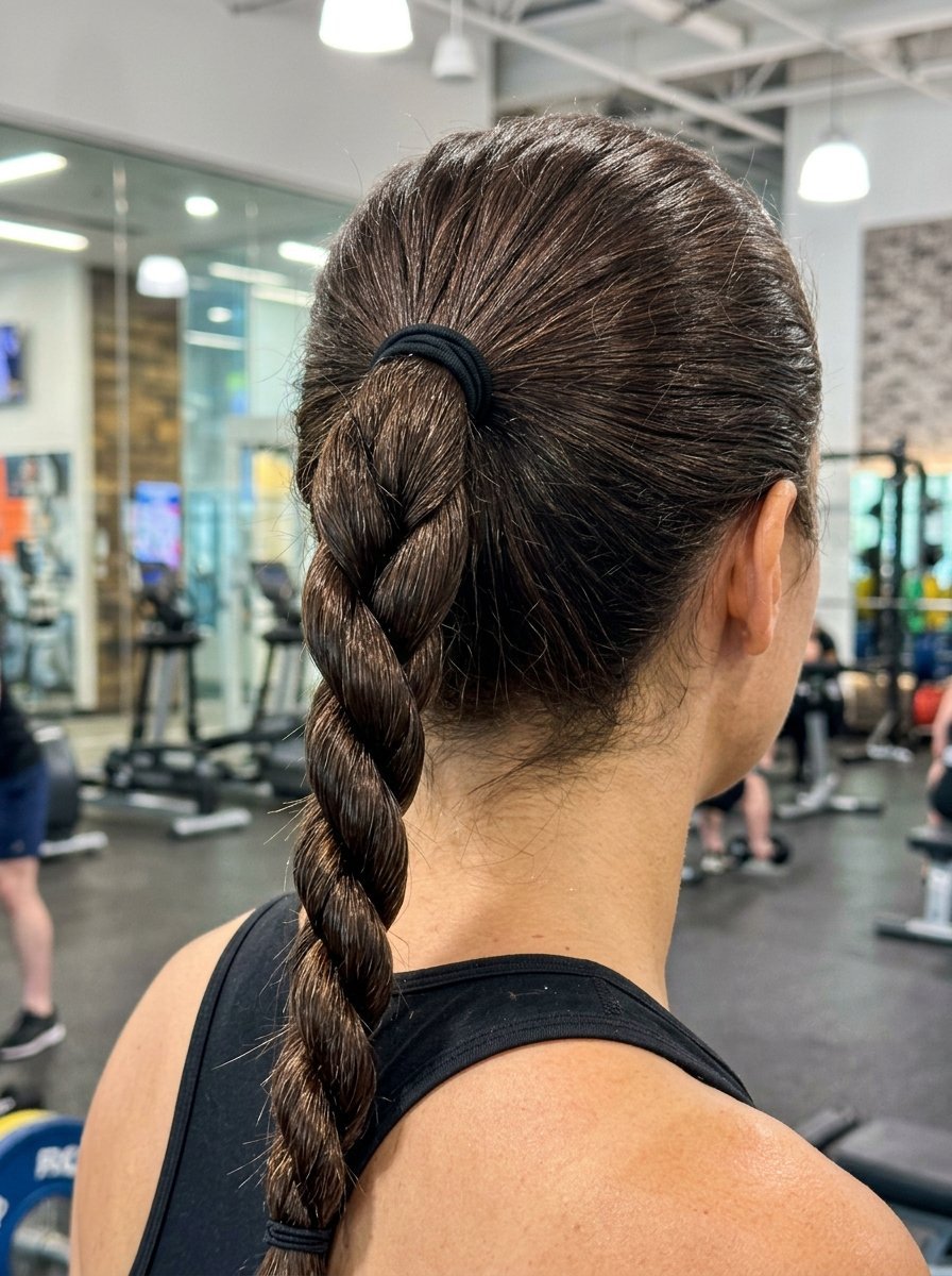 Close up view of the back of a woman's head showing her hair styled in a neat, thick braid at a fitness center.