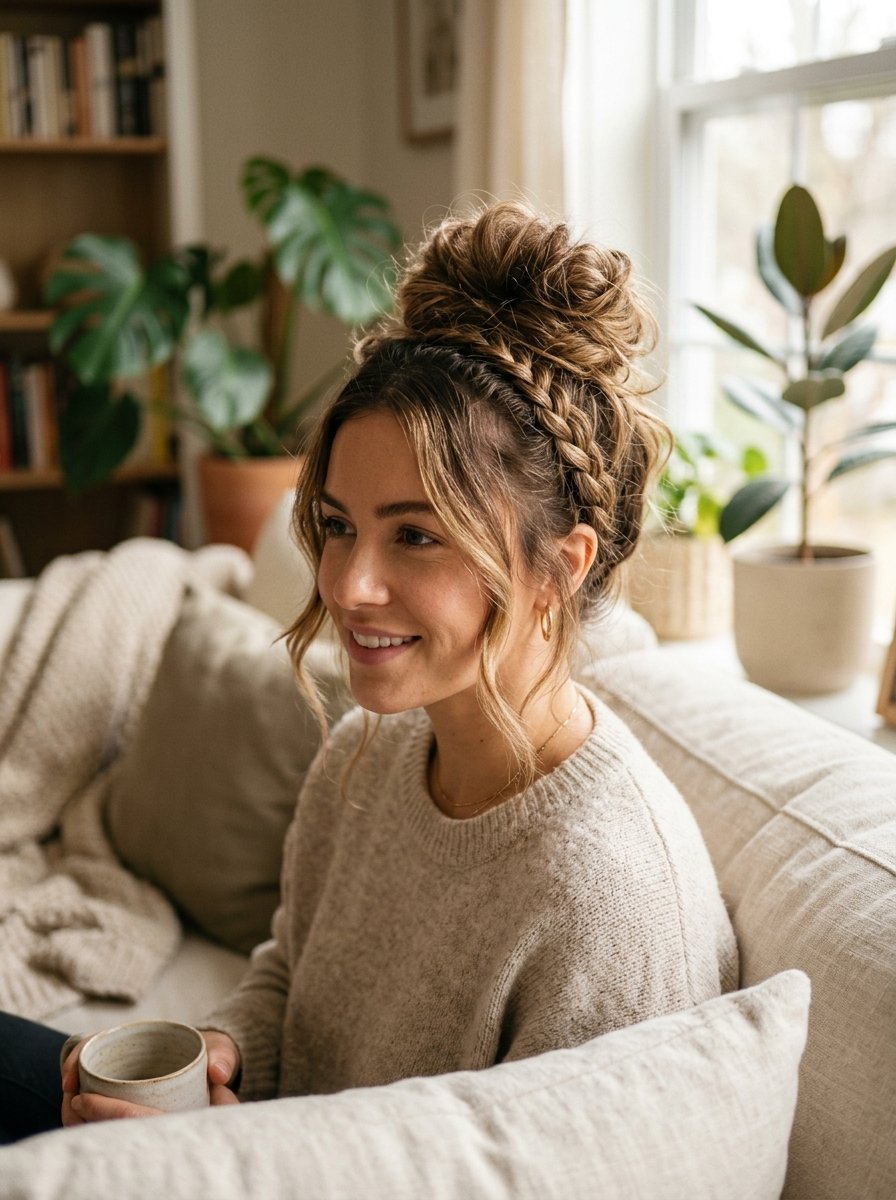 Close-up of a woman with a stylish messy braided top knot hairstyle holding a ceramic coffee mug.