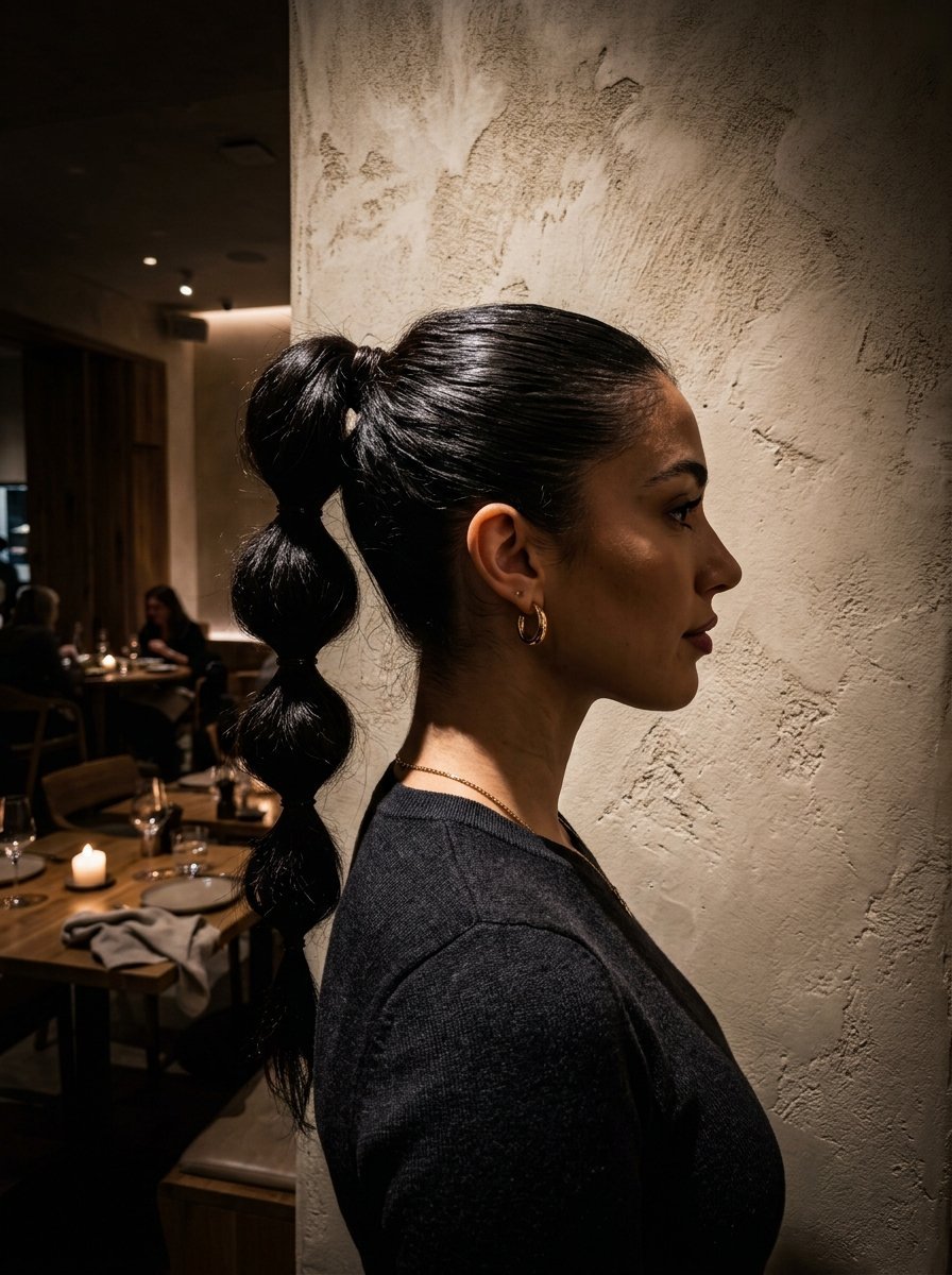 Side profile of a woman wearing a dark sweater and a segmented high ponytail hairstyle in a dimly lit dining room.