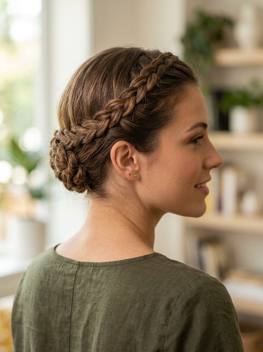 Close up of a woman showing off her elegant braided halo updo.
