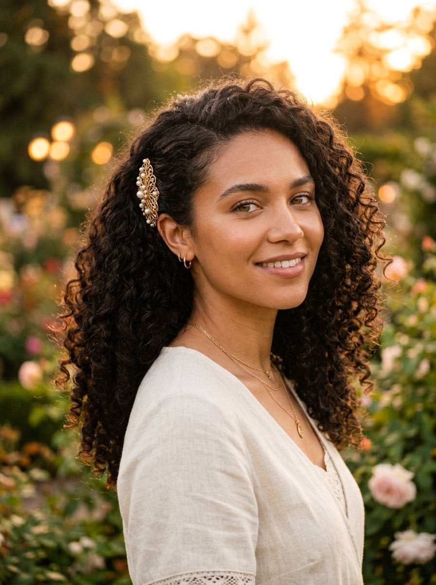 Close-up portrait of a woman with dark curly hair and a gold filigree pearl hair accessory in a garden at sunset.